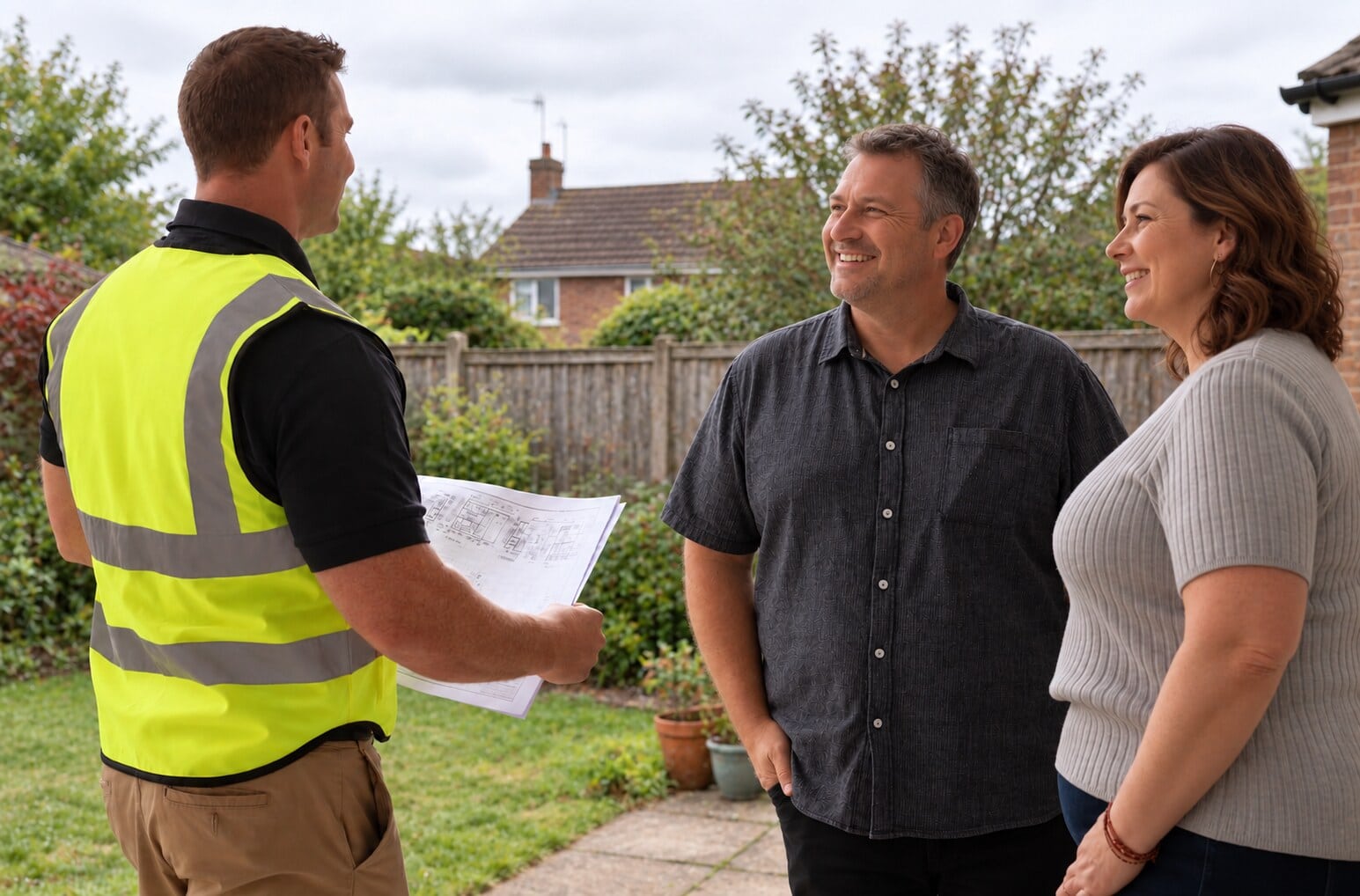 Builder discussing house plans with homeowners in a garden